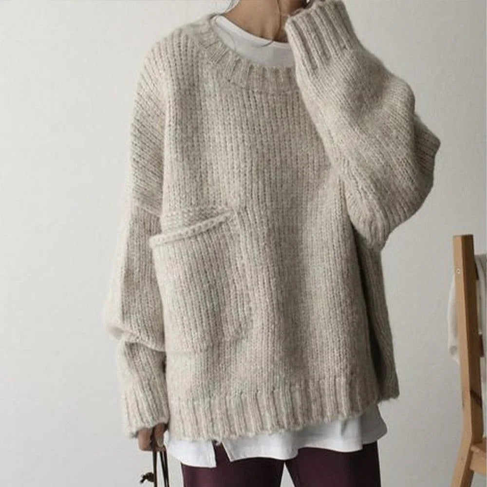 Oversized Elfenbensfarvet Sweater med Lomme foran Mia